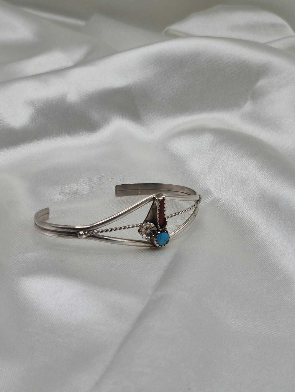 #2B Navajo Native American Turquoise & Coral Sterling Silver Cuff Bracelet - Picture 4 of 5